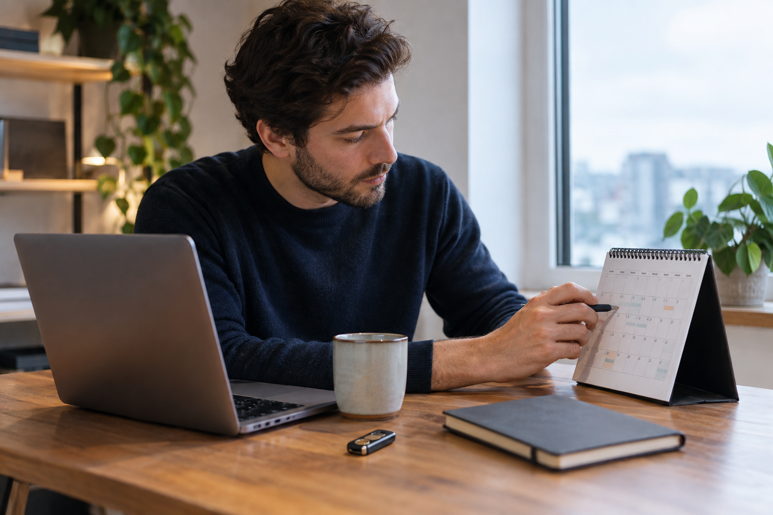 Kalender en laptop naast een beveiligingssleutel